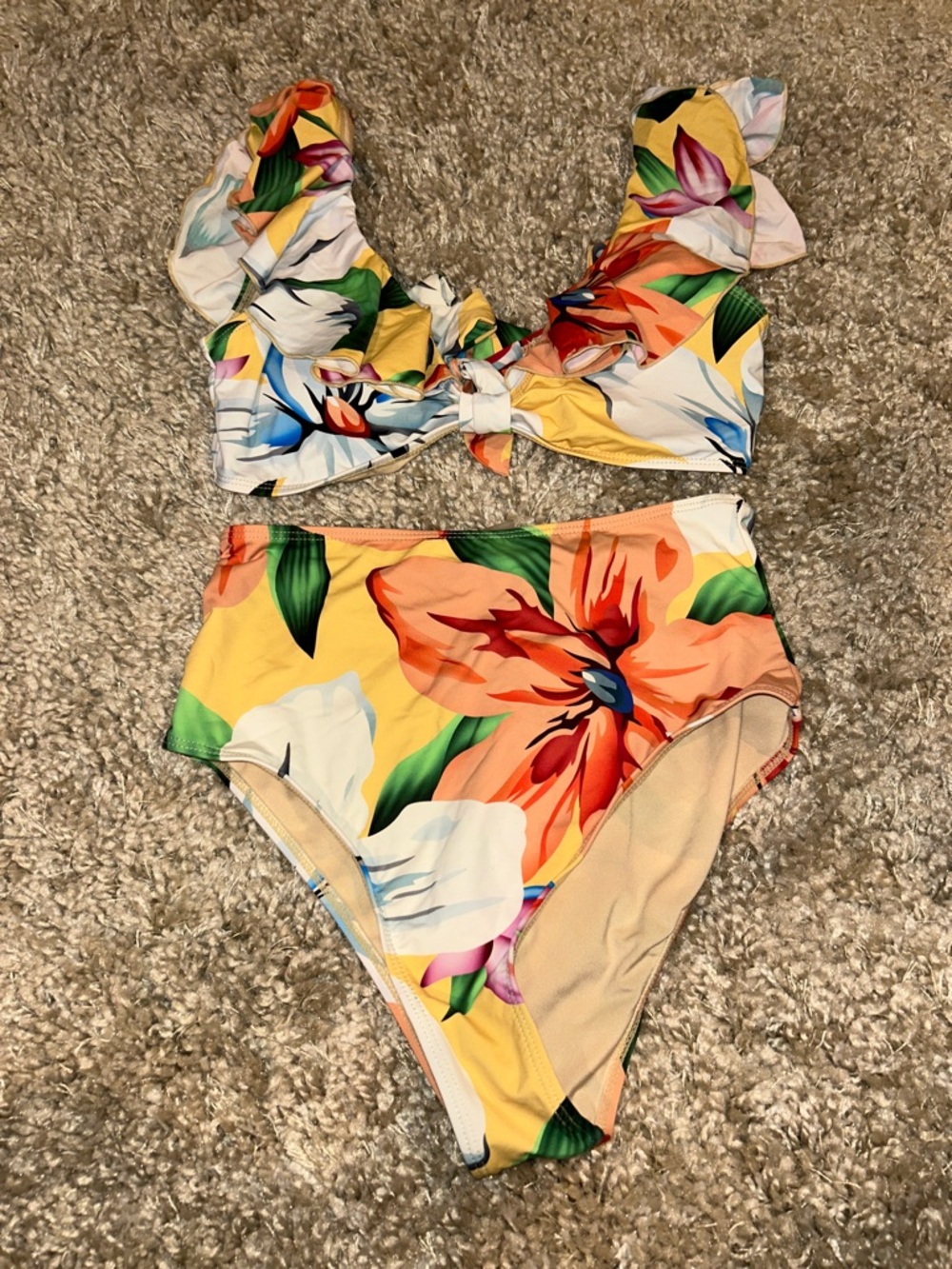 Red Dress Boutique Yellow Floral High-Waist Bikini with Ruffle Straps